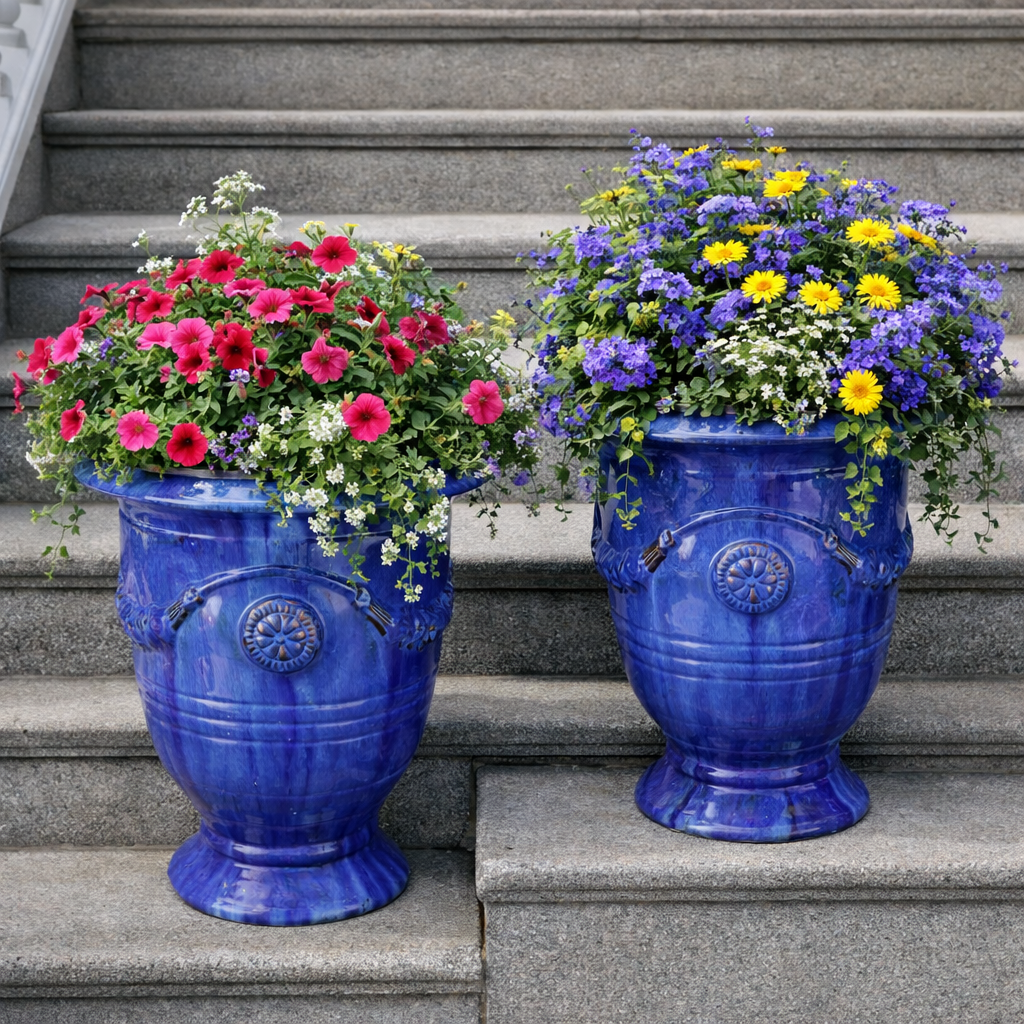 Blumentopf / Pflanzgef Anduze  Glasierter Steinguttopf Blau 65x76