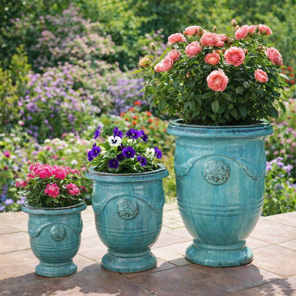 Blumentopf / Pflanzgefäß „3er Set Anduze“ – Glasierte Steinguttöpfe Grün/Blau frostfest & handgefertigt - tucano-hamburg