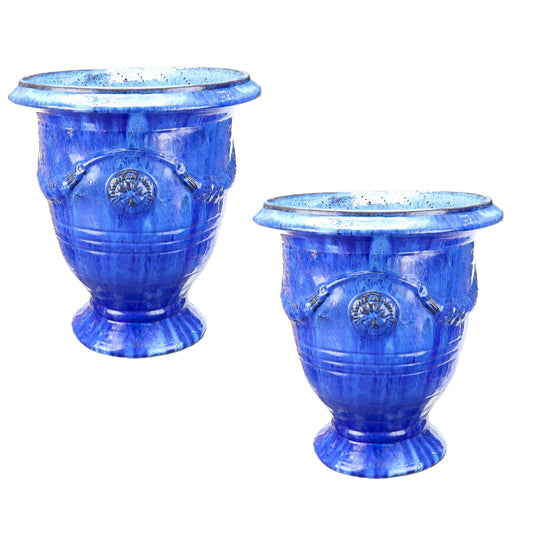 Blumentopf / Pflanzgefäß „Anduze“ – Glasierter Steinguttopf Blau 2er Set 48x52cm, frostfest & handgefertigt(Speditionsartikel) - tucano-hamburg