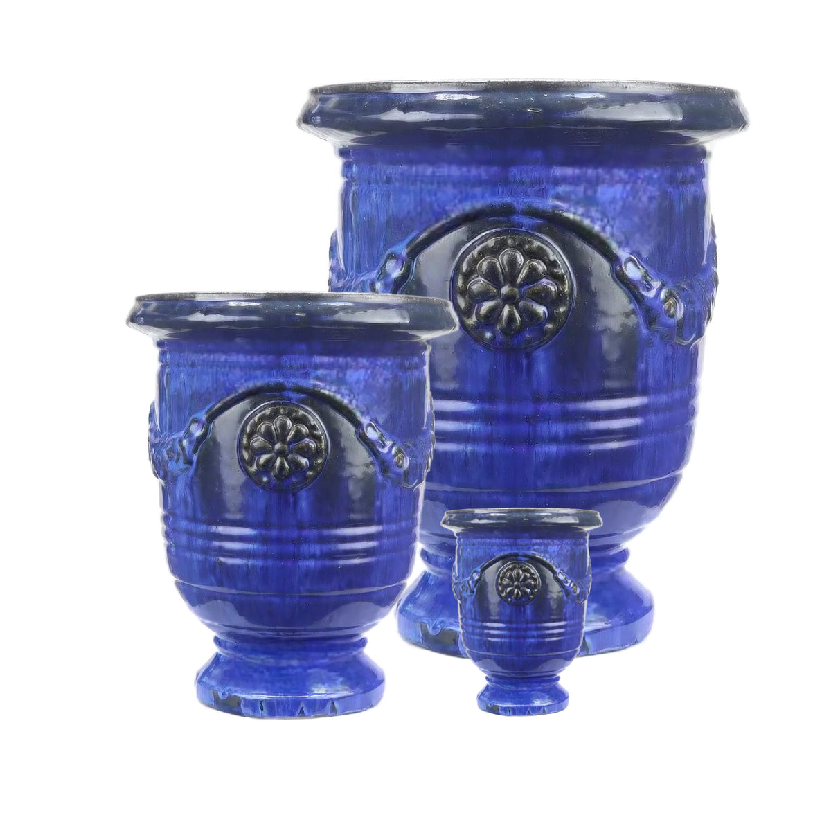 Blumentopf / Pflanzgefäß „3er Set Anduze“ – Glasierte Steinguttöpfe Blau, frostfest & handgefertigt