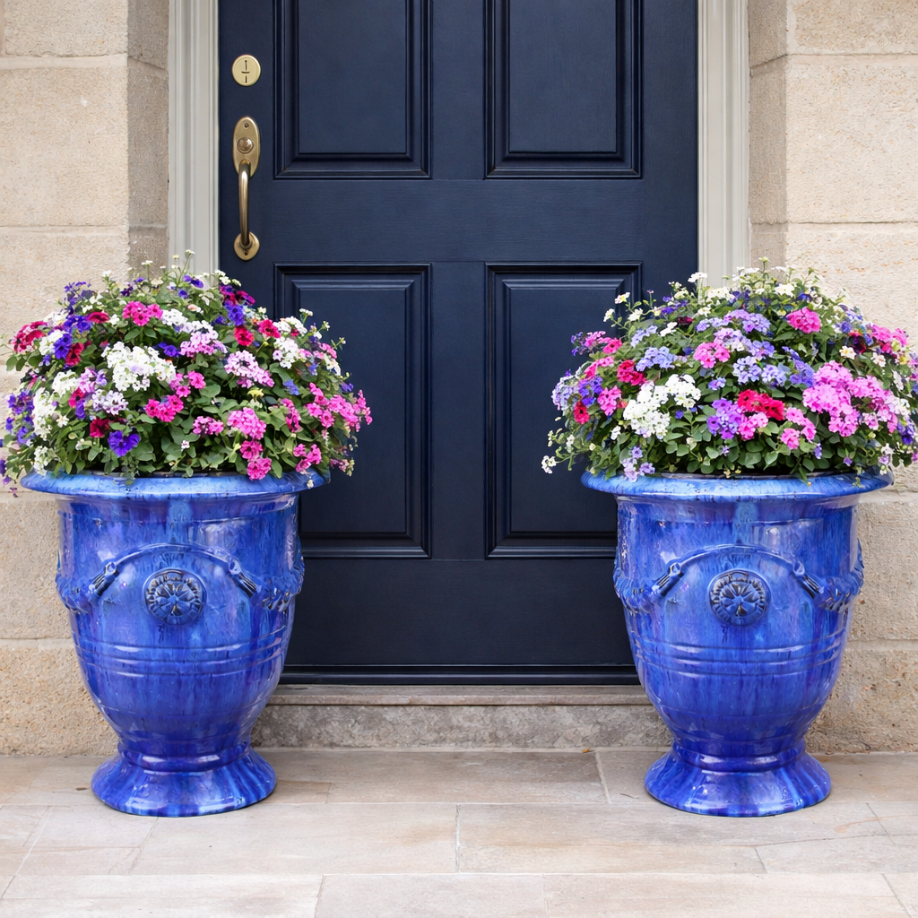 Blumentopf / Pflanzgefäß „Anduze“ – Glasierter Steinguttopf Blau 2er Set 48x52cm, frostfest & handgefertigt(Speditionsartikel) - tucano-hamburg