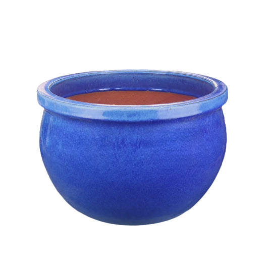 Blumentopf / Pflanzgefäß „Bamboo“ – Glasierter Steinguttopf Blau 19x13 cm, frostfest & handgefertigt