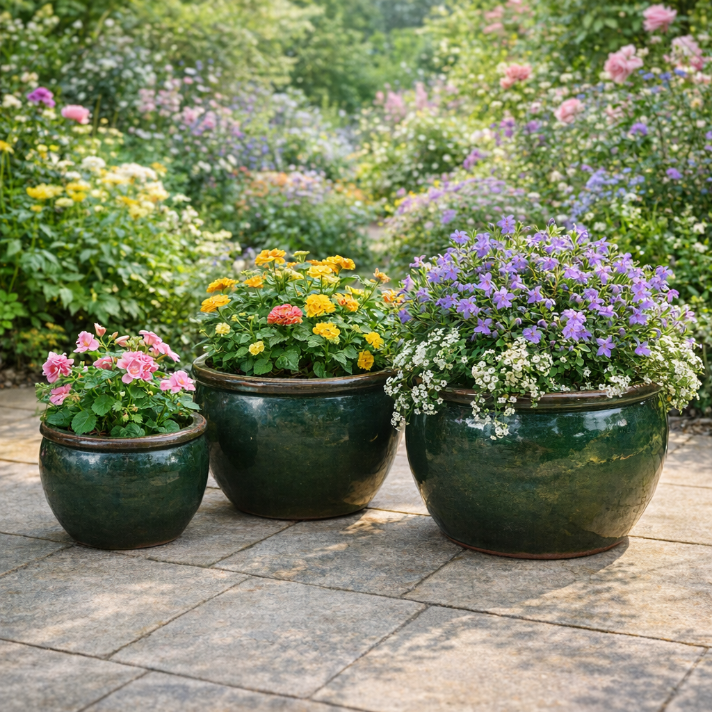 Blumentopf / Pflanzgefäß „Bamboo“ – Glasierter Steinguttopf in Dunkelgrün 39x25 cm, frostfest & handgefertigt - tucano-hamburg