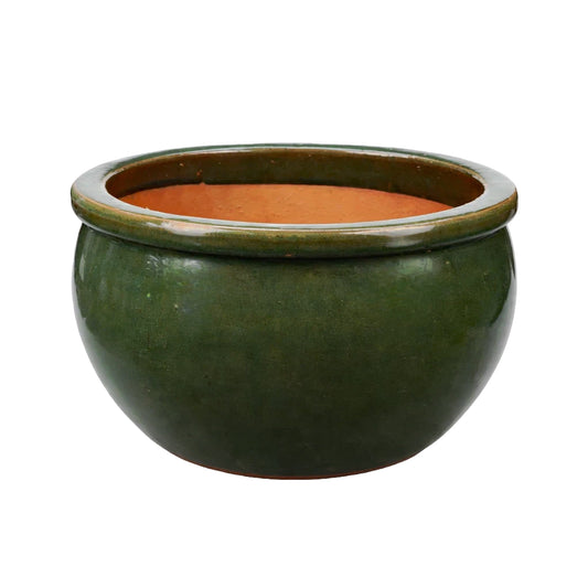 Blumentopf / Pflanzgefäß „Bamboo“ – Glasierter Steinguttopf in Dunkelgrün 39x25 cm, frostfest & handgefertigt - tucano-hamburg