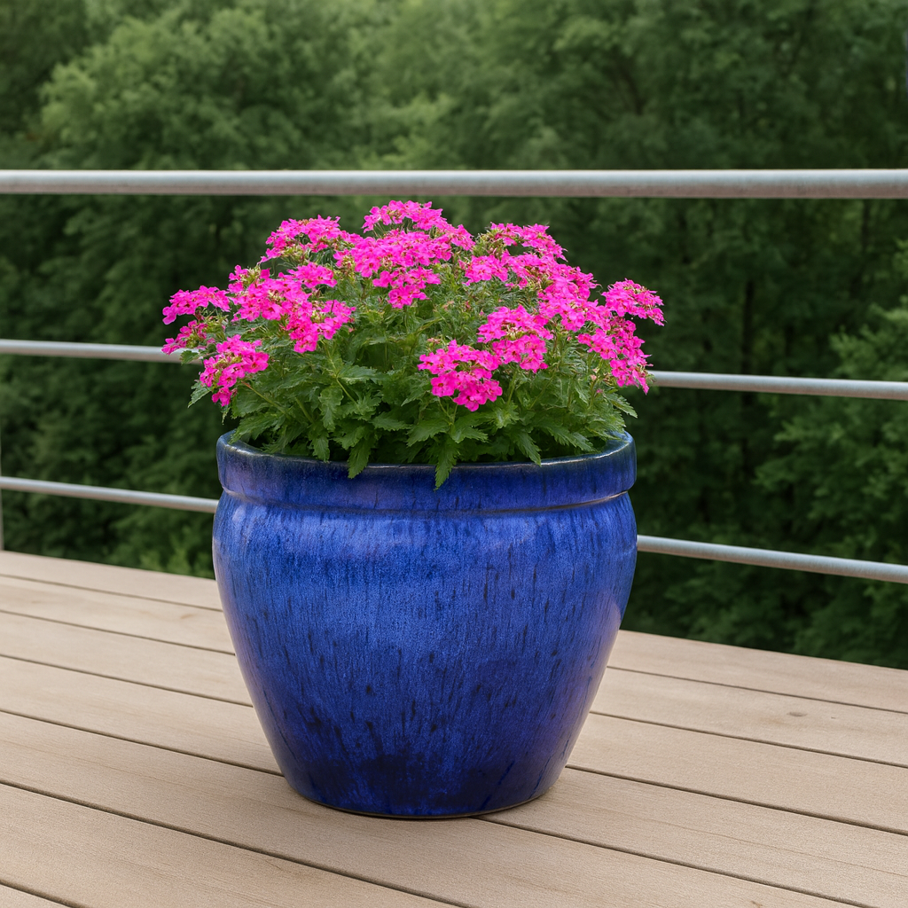Blumentopf / Pflanzgefäß „Bamboo Hoch“ – Glasierter Steinguttopf Blau 29x25 cm, frostfest & handgefertigt