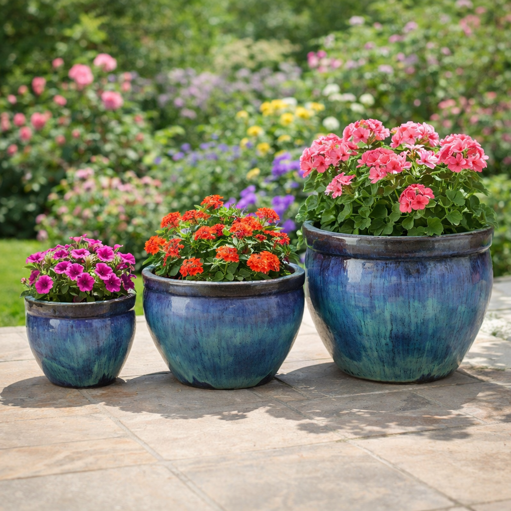 Blumentopf / Pflanzgefäß „Bamboo hoch“ – Glasierter Steinguttopf in Grün/Blau 29x25 cm, frostfest & handgefertigt