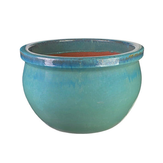 Blumentopf / Pflanzgefäß „Bamboo“ – Glasierter Steinguttopf Grün/Blau 19x13 cm, frostfest & handgefertigt