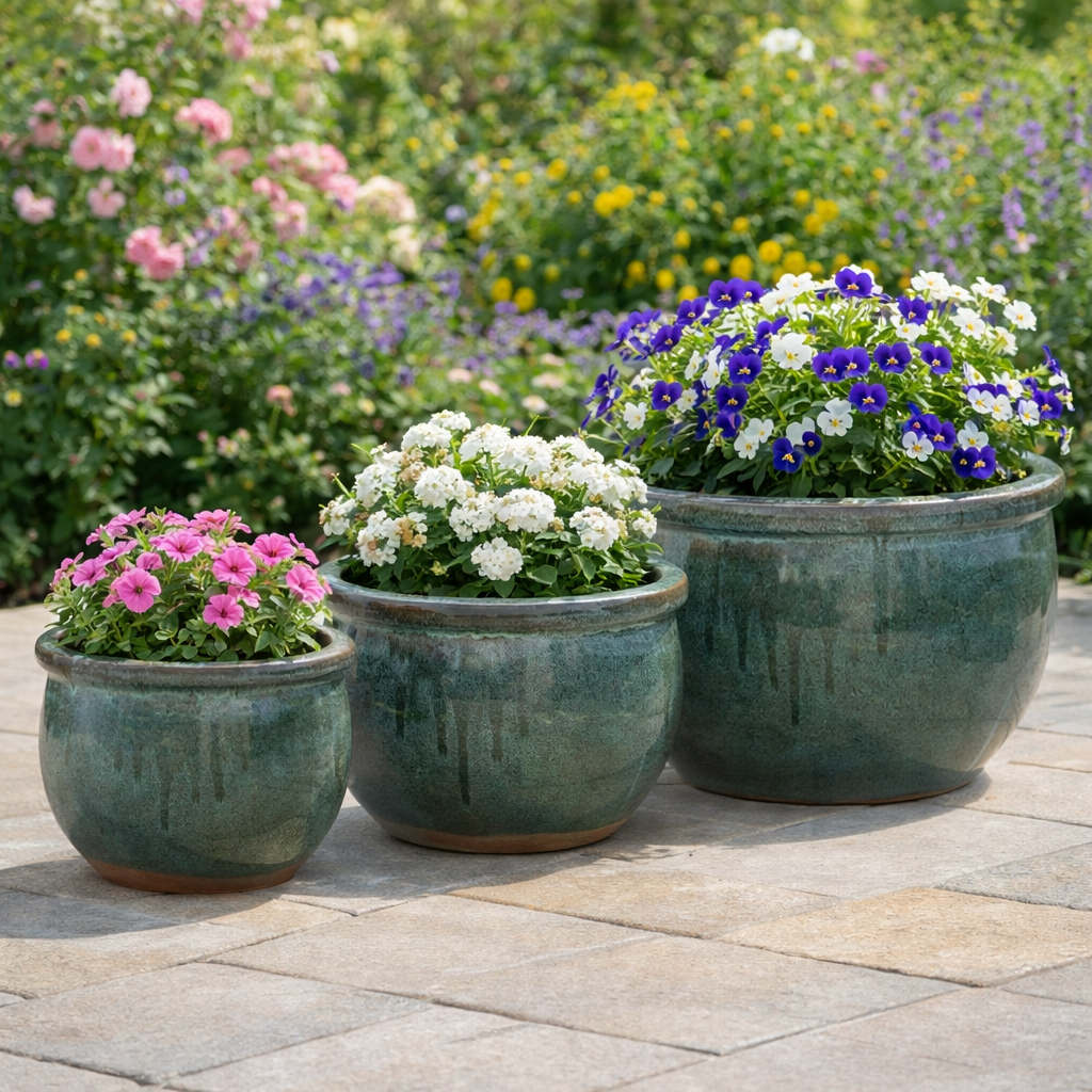 Blumentopf / Pflanzgefäß „Bamboo“ – Glasierter Steinguttopf Moosgrün 50x32 cm, frostfest & handgefertigt - tucano-hamburg