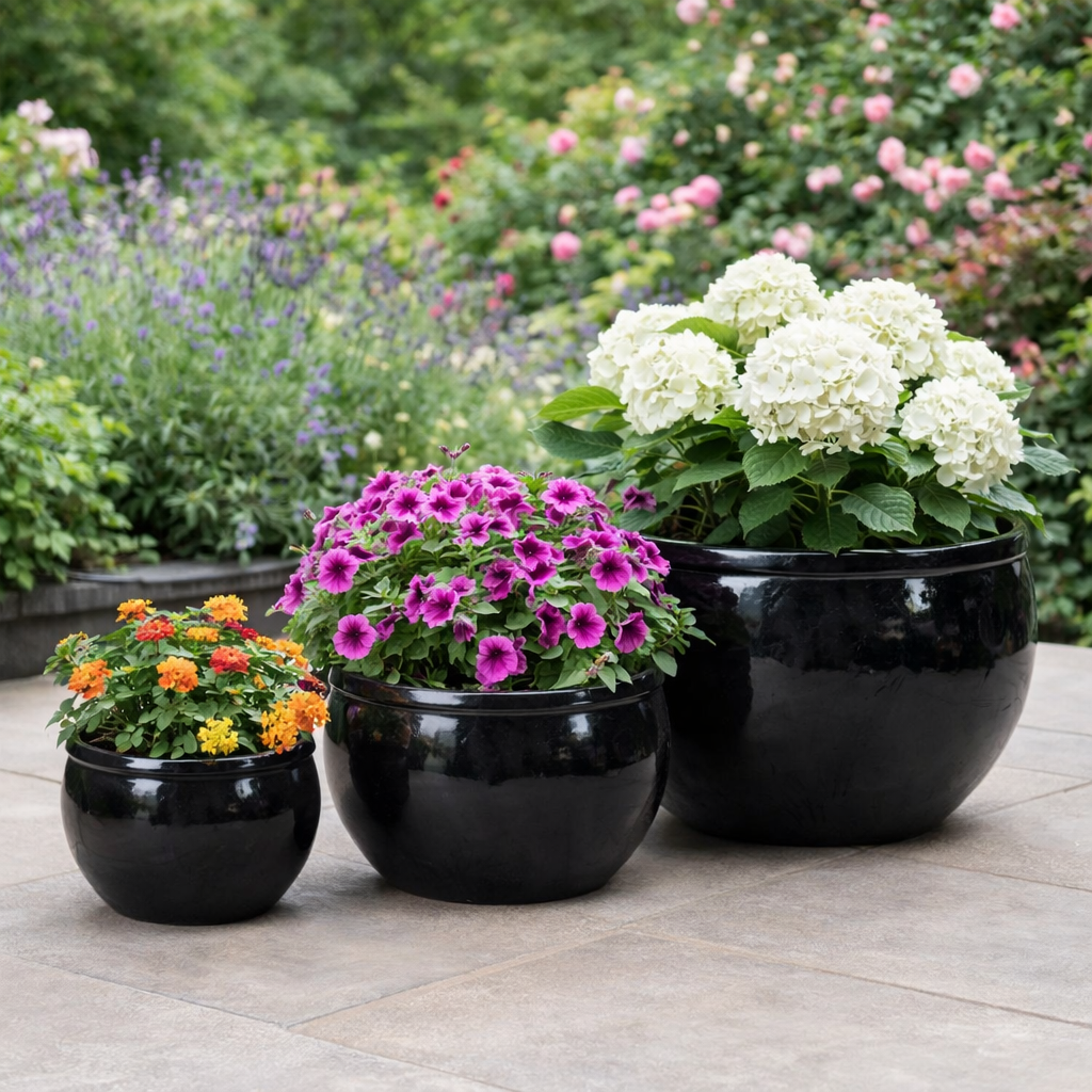 Blumentopf / Pflanzgefäß „Bamboo“ – Glasierter Steinguttopf Schwarz 28x18 cm, frostfest & handgefertigt - tucano-hamburg