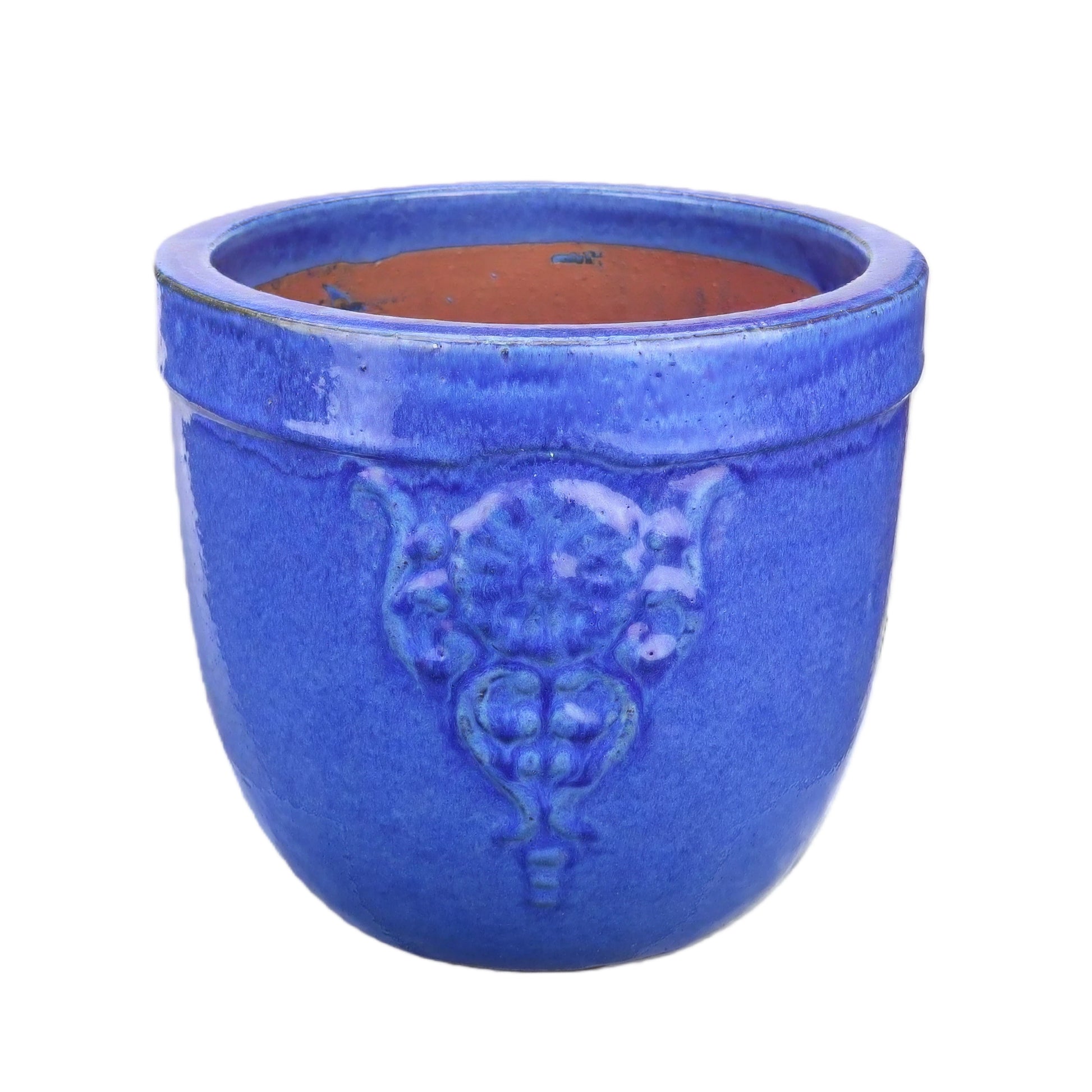 Blumentopf / Pflanzgefäß „Blumenemblem“ – Glasierter Steinguttopf Blau 26x25 cm, frostfest & handgefertigt - tucano-hamburg