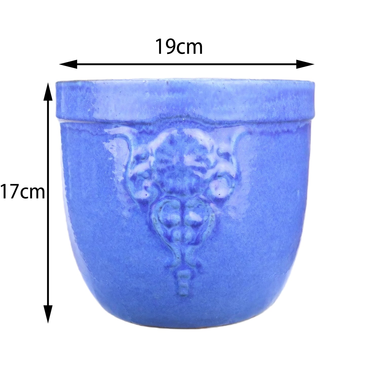 Blumentopf / Pflanzgefäß „Blumenemblem“ – Glasierter Steinguttopf Blau 19x17 cm, frostfest & handgefertigt - tucano-hamburg