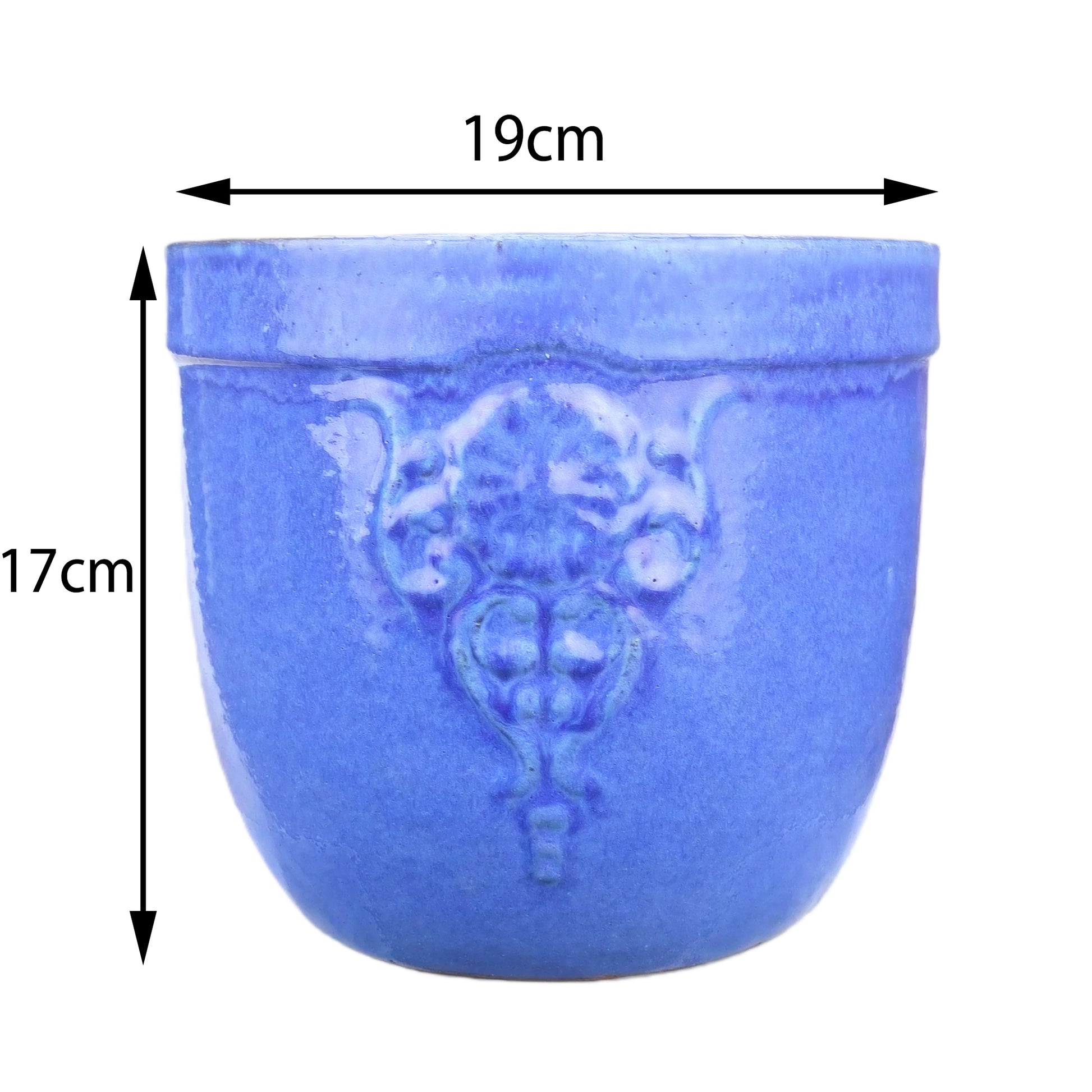 Blumentopf / Pflanzgefäß „Blumenemblem“ – Glasierter Steinguttopf Blau 19x17 cm, frostfest & handgefertigt - tucano-hamburg