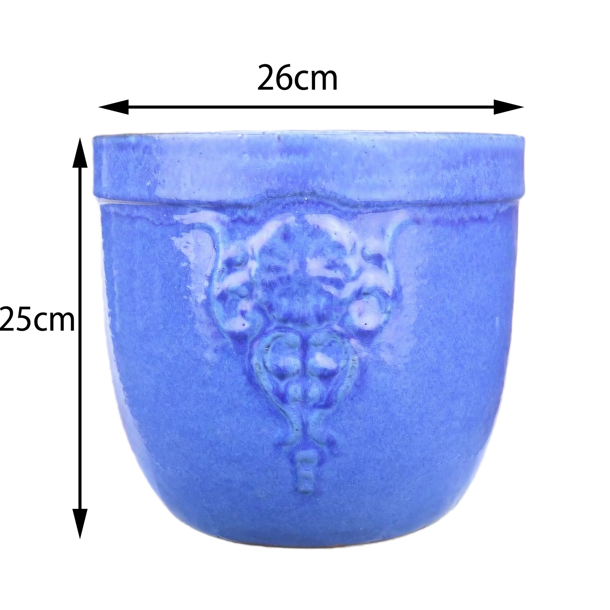 Blumentopf / Pflanzgefäß „Blumenemblem“ – Glasierter Steinguttopf Blau 26x25 cm, frostfest & handgefertigt - tucano-hamburg