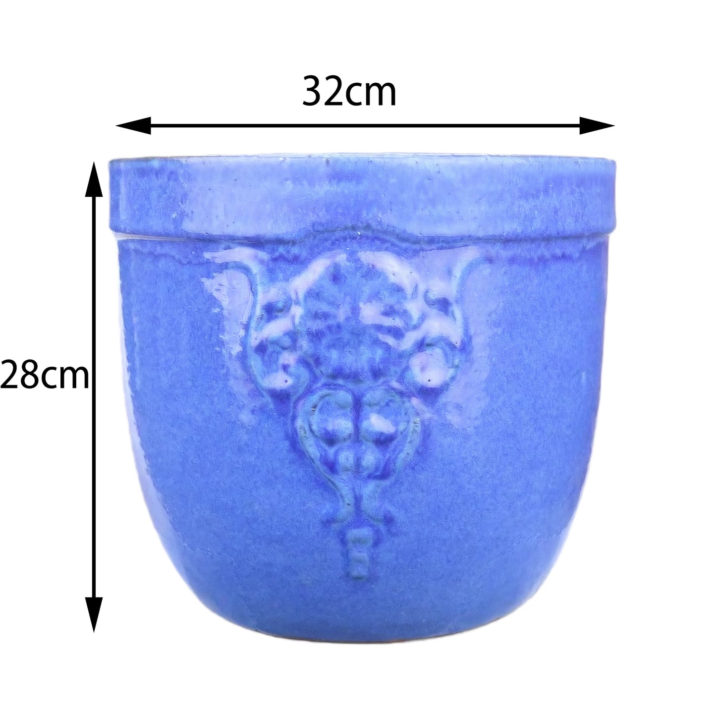 Blumentopf / Pflanzgefäß „Blumenemblem“ – Glasierter Steinguttopf Blau 32x28 cm, frostfest & handgefertigt