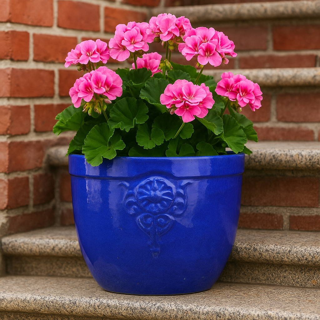 Blumentopf / Pflanzgefäß „Blumenemblem“ – Glasierter Steinguttopf Blau 26x25 cm, frostfest & handgefertigt - tucano-hamburg