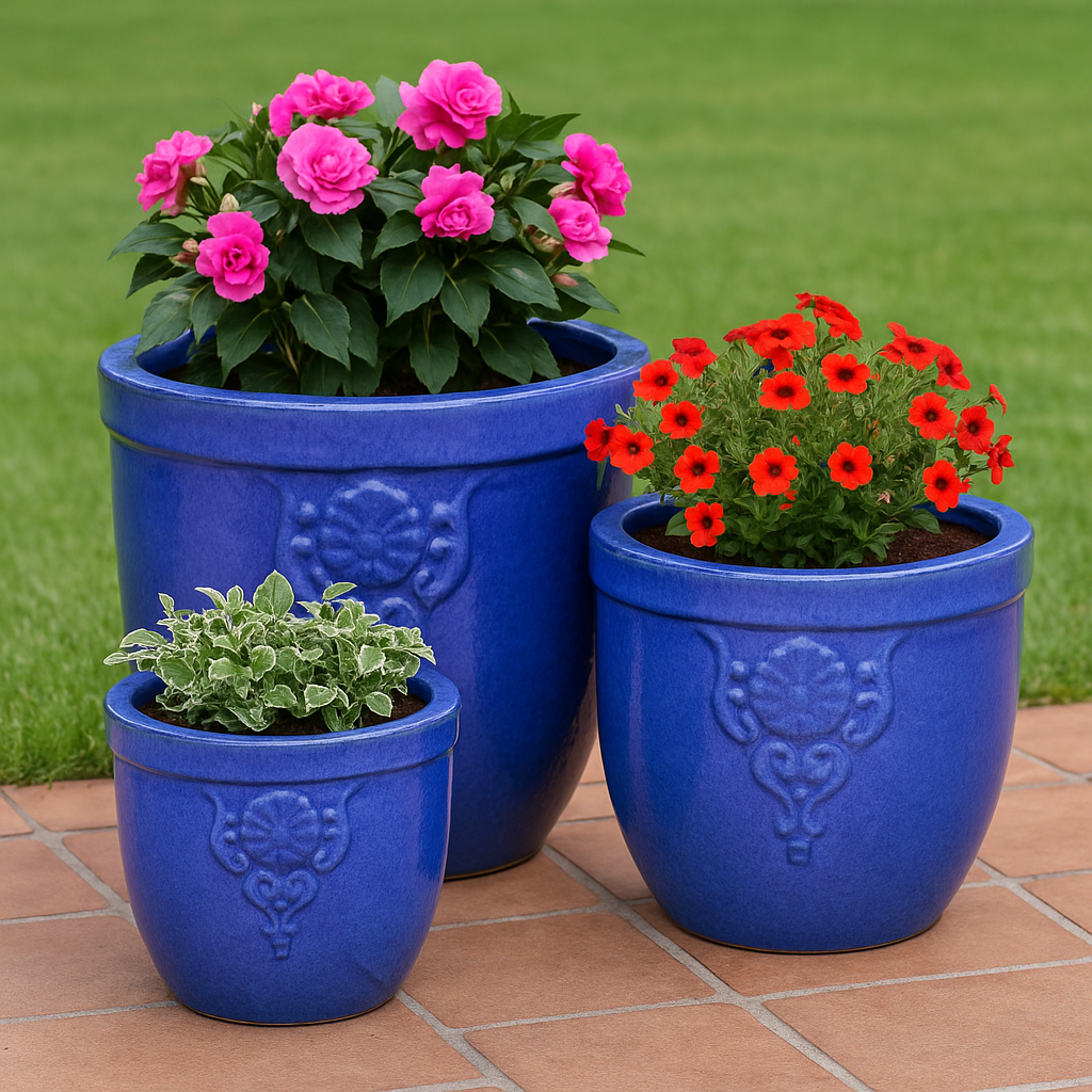 Blumentopf / Pflanzgefäß „Blumenemblem“ – Glasierter Steinguttopf Blau 26x25 cm, frostfest & handgefertigt - tucano-hamburg