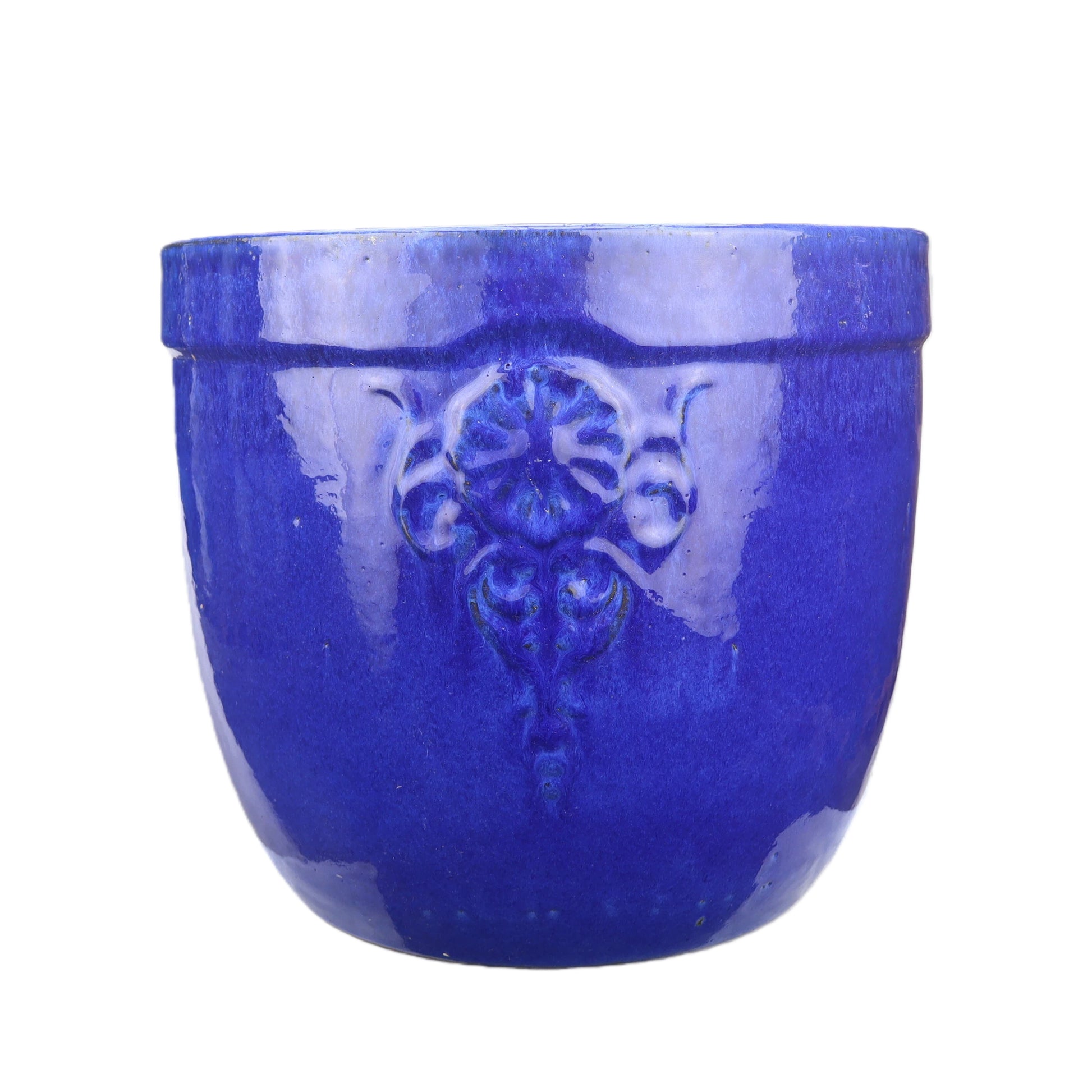 Blumentopf / Pflanzgefäß „Blumenemblem“ – Glasierter Steinguttopf Blau 26x25 cm, frostfest & handgefertigt - tucano-hamburg