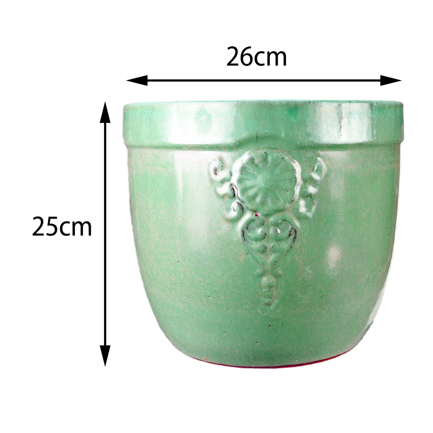 Blumentopf / Pflanzgefäß „Blumenemblem“ – Glasierter Steinguttopf Jade-Grün 26x25 cm, frostfest & handgefertigt - tucano-hamburg
