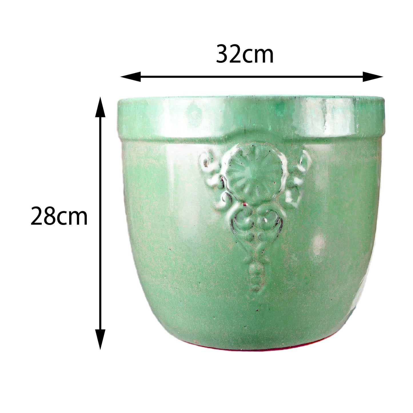 Blumentopf / Pflanzgefäß „Blumenemblem“ – Glasierter Steinguttopf Jade-Grün 32x28 cm, frostfest & handgefertigt - tucano-hamburg