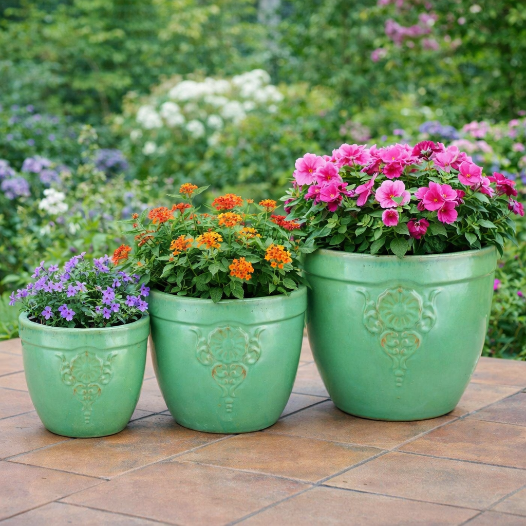 Blumentopf / Pflanzgefäß „Blumenemblem“ – Glasierter Steinguttopf Jade-Grün 32x28 cm, frostfest & handgefertigt - tucano-hamburg