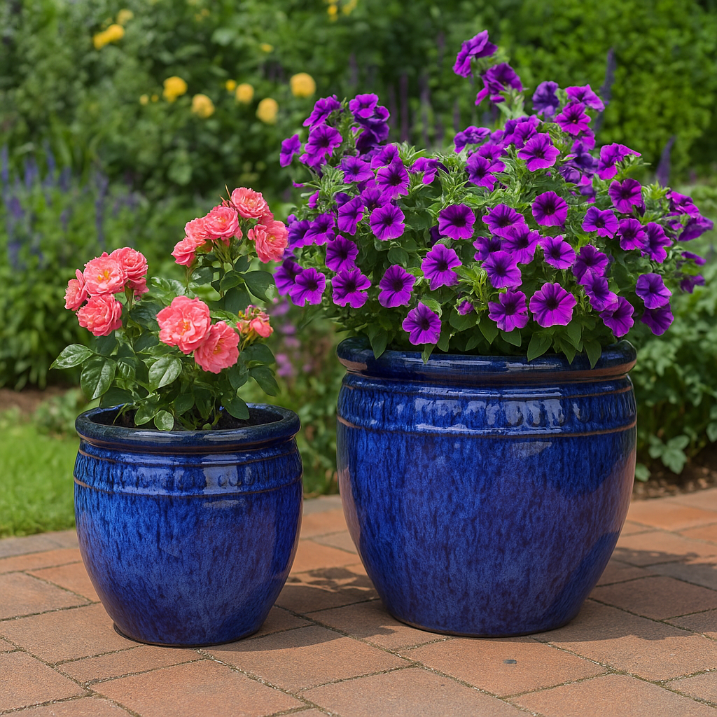 Blumentopf / Pflanzgefäß „Coin“ – Glasierter Steinguttopf Blau 26x25 cm, frostfest & handgefertigt