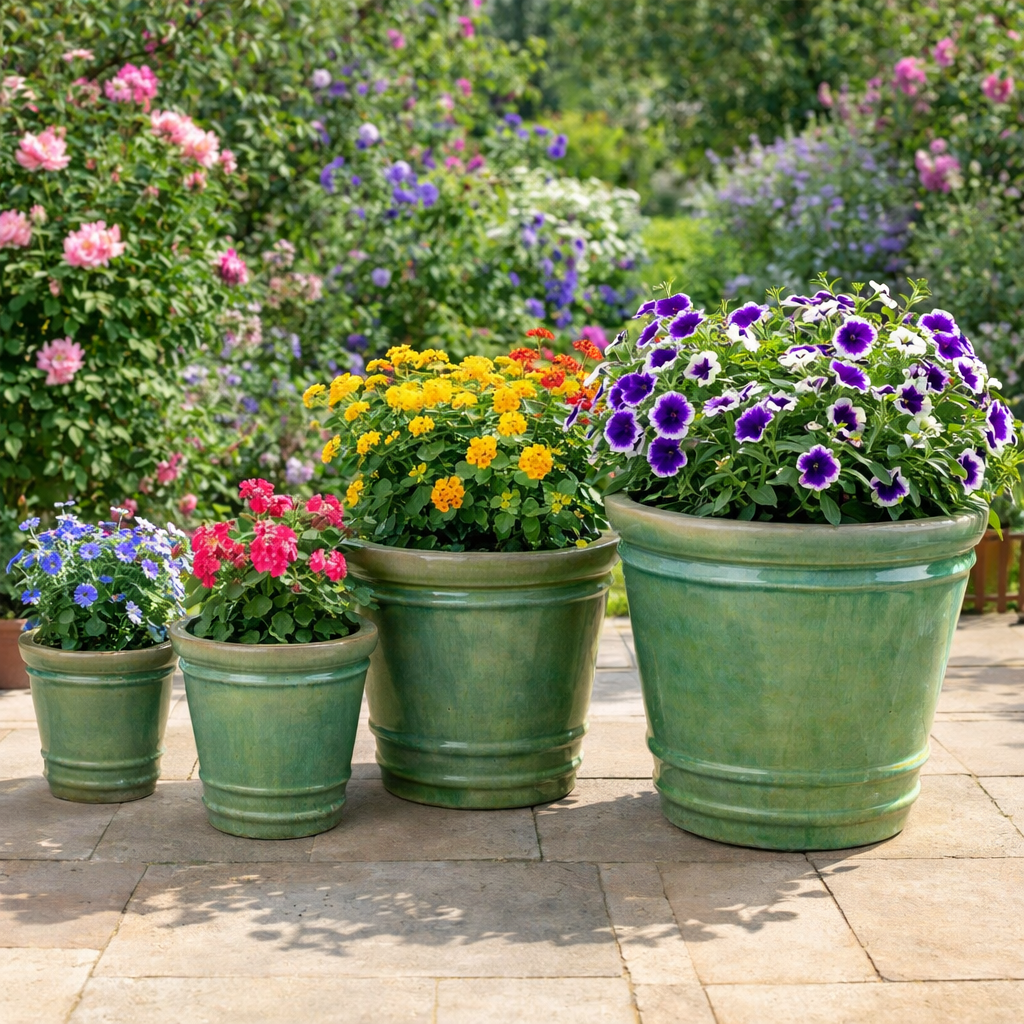 Blumentopf / Pflanzgefäß „Conca“ – Glasierter Steinguttopf Jade-Grün 43x40 cm, frostfest & handgefertigt - tucano-hamburg