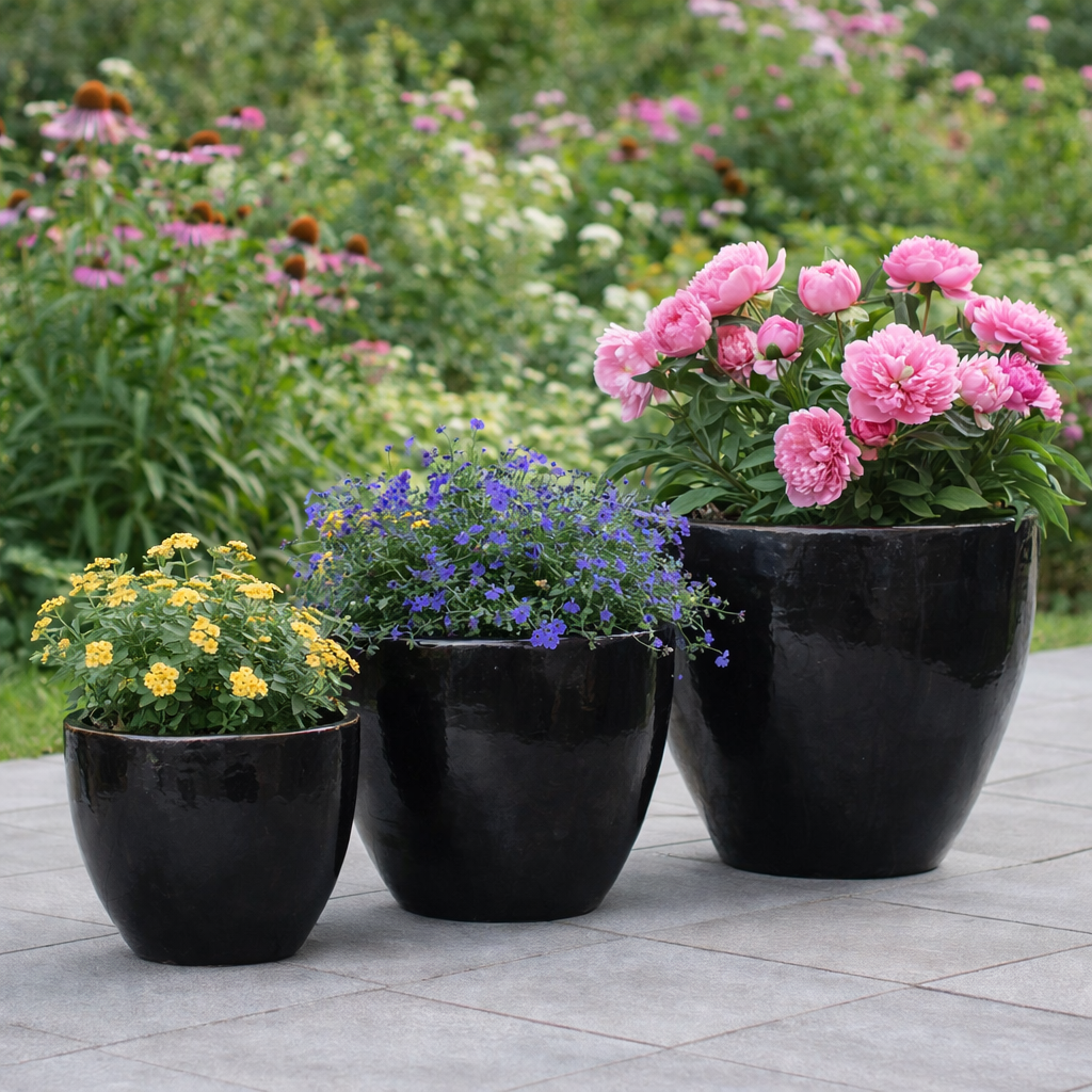 Blumentopf / Pflanzgefäß „Eiertopf“ – Glasierter Steinguttopf Schwarz 31x27 cm, frostfest & handgefertigt