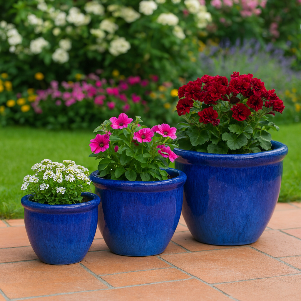 Blumentopf / Pflanzgefäß „Farmer“ – Glasierter Steinguttopf Blau 36x33 cm, frostfest & handgefertigt