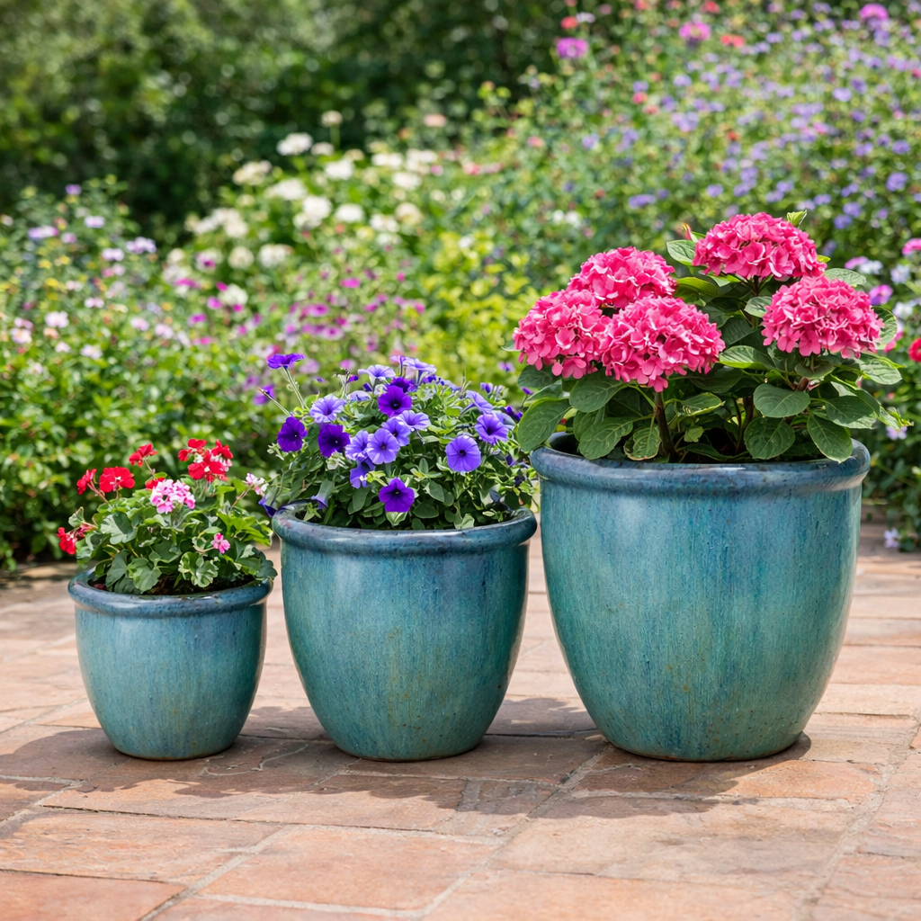 Blumentopf / Pflanzgefäß „Farmer“ – Glasierter Steinguttopf Grün/Blau 55x47cm, frostfest & handgefertigt (Speditionsartikel) - tucano-hamburg