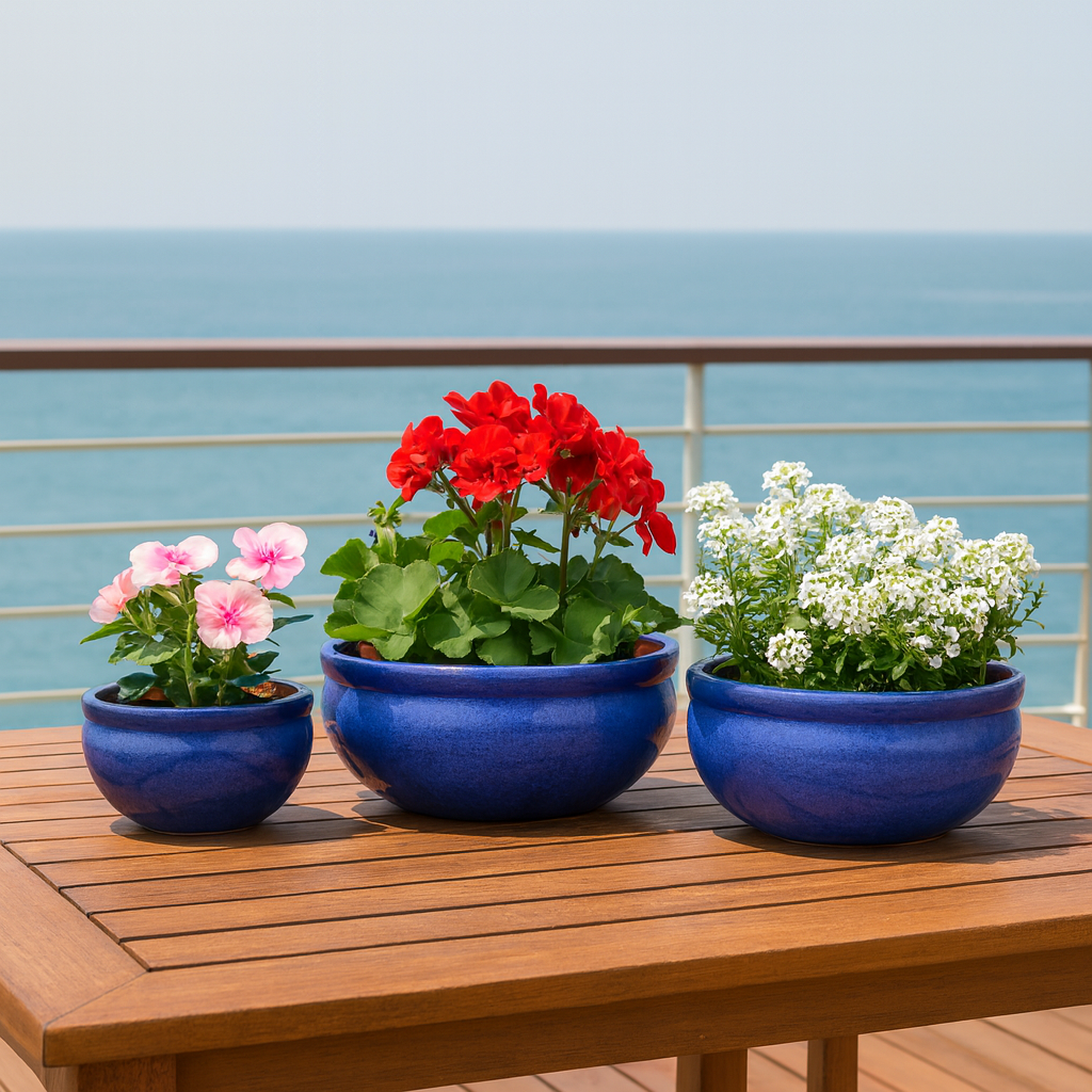 Blumentopf / Pflanzgefäß „Schale“ – Glasierter Steinguttopf Blau 30x13 cm, frostfest & handgefertigt - tucano-hamburg