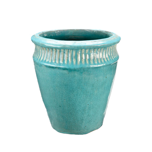 Blumentopf / Pflanzgefäß „Vase Stripes“ – Glasierter Steinguttopf Jade-Grün 39x42cm, frostfest & handgefertigt - tucano-hamburg