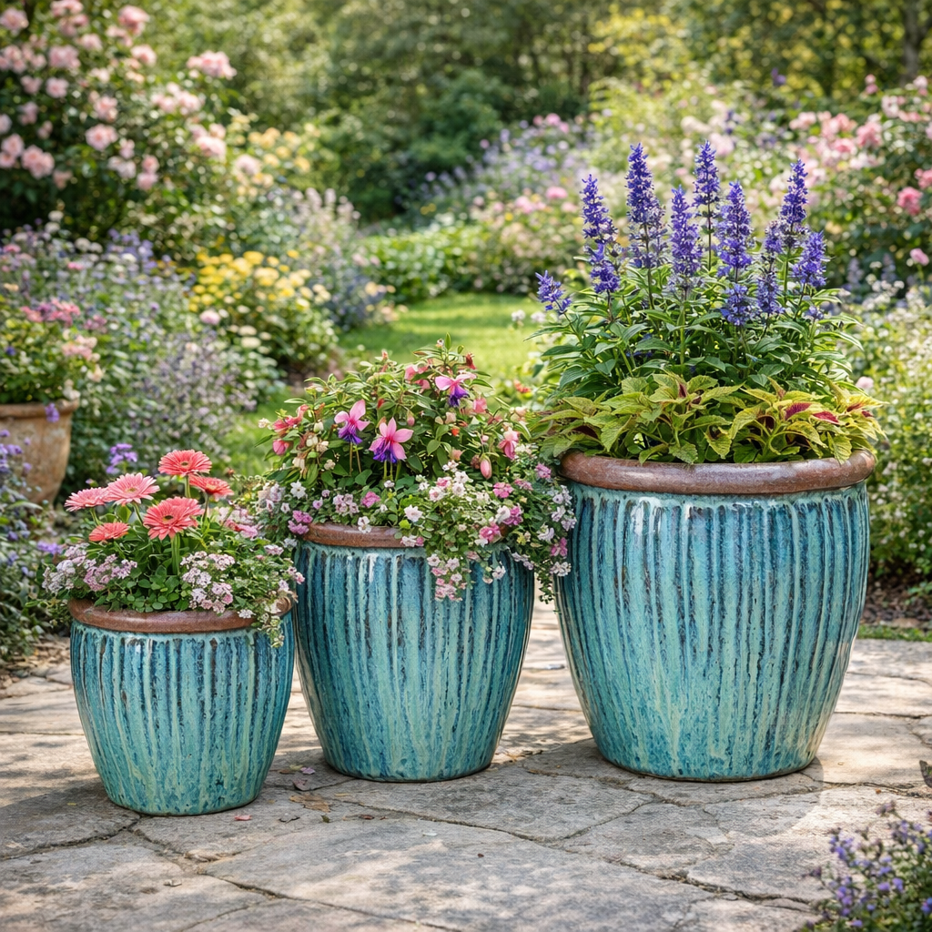 Blumentopf / Pflanzgefäß „Verti“ – Glasierter Steinguttopf in Grün/Blau 38x37 cm, frostfest & handgefertigt - tucano-hamburg